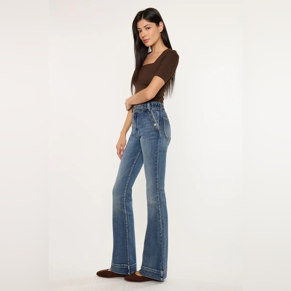 Kancan Kiery High Rise Flare Jeans Wide Hem and Button Detail on Pockets NWT - Picture 4 of 8